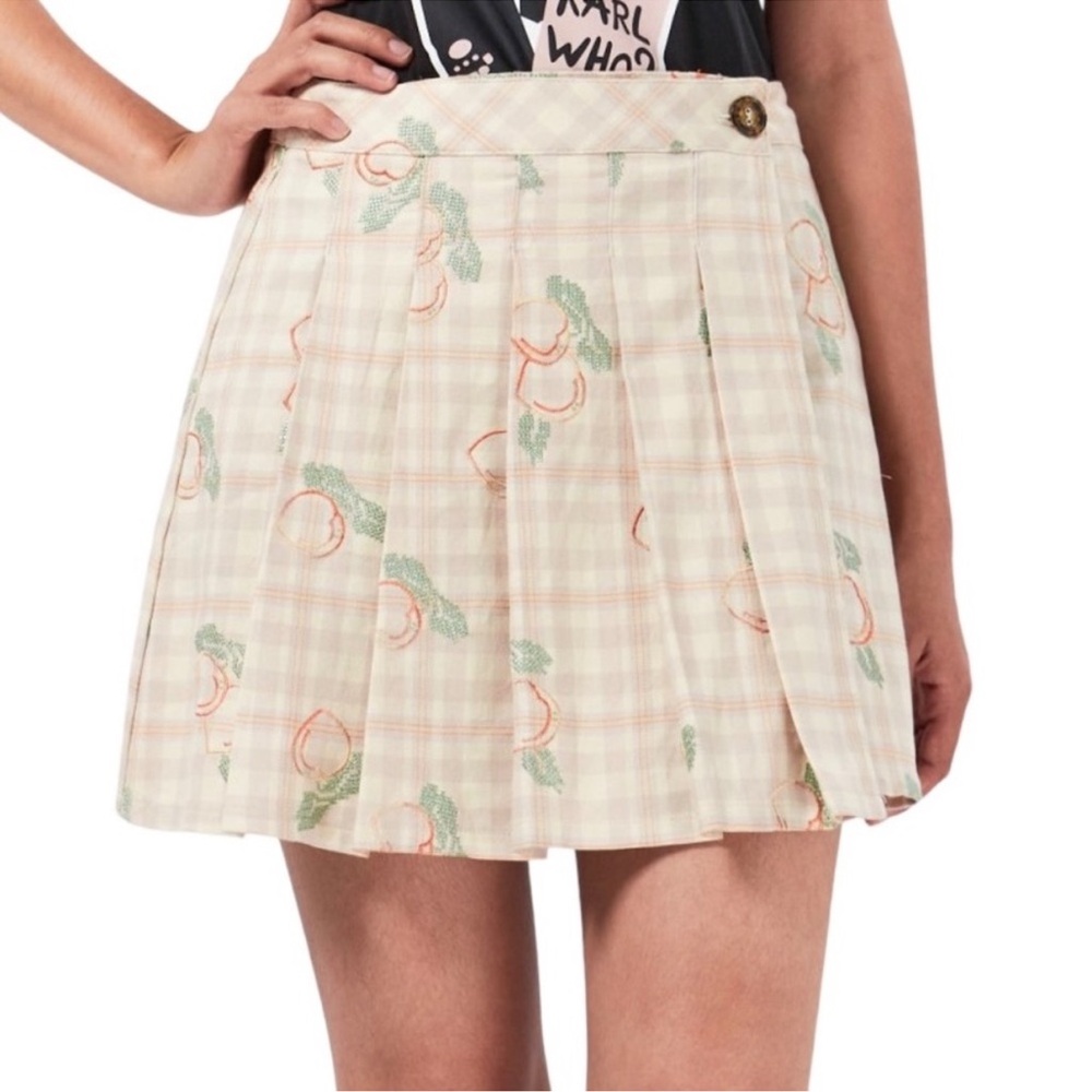 Urban Outfitters Plaid Embroidered Peach Print Wrap Pleated Skirt Size Small